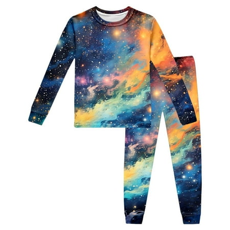 Youmylove Baby Girls Pajamas Set Children s Long Sleeved Space Star Printed Home Wear Top Pants Suit Casual Wear Girl Satin Silk Pajama Set 7-8 Years