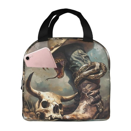 Insulated Lunch Bag for Women Men - Western Cowboy Snake Ram Skull Leakproof Cooler Lunch Box for Women Men  Lunch Tote Bags for Work School Picnic Travel
