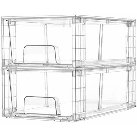 2 Pack Stackable Storage Drawers Clear Acrylic Drawer Organizers with Handles Easily Assemble Containers for Fridge Bathroom Kitchen Undersink Cabinet Pantry Organization and Storage
