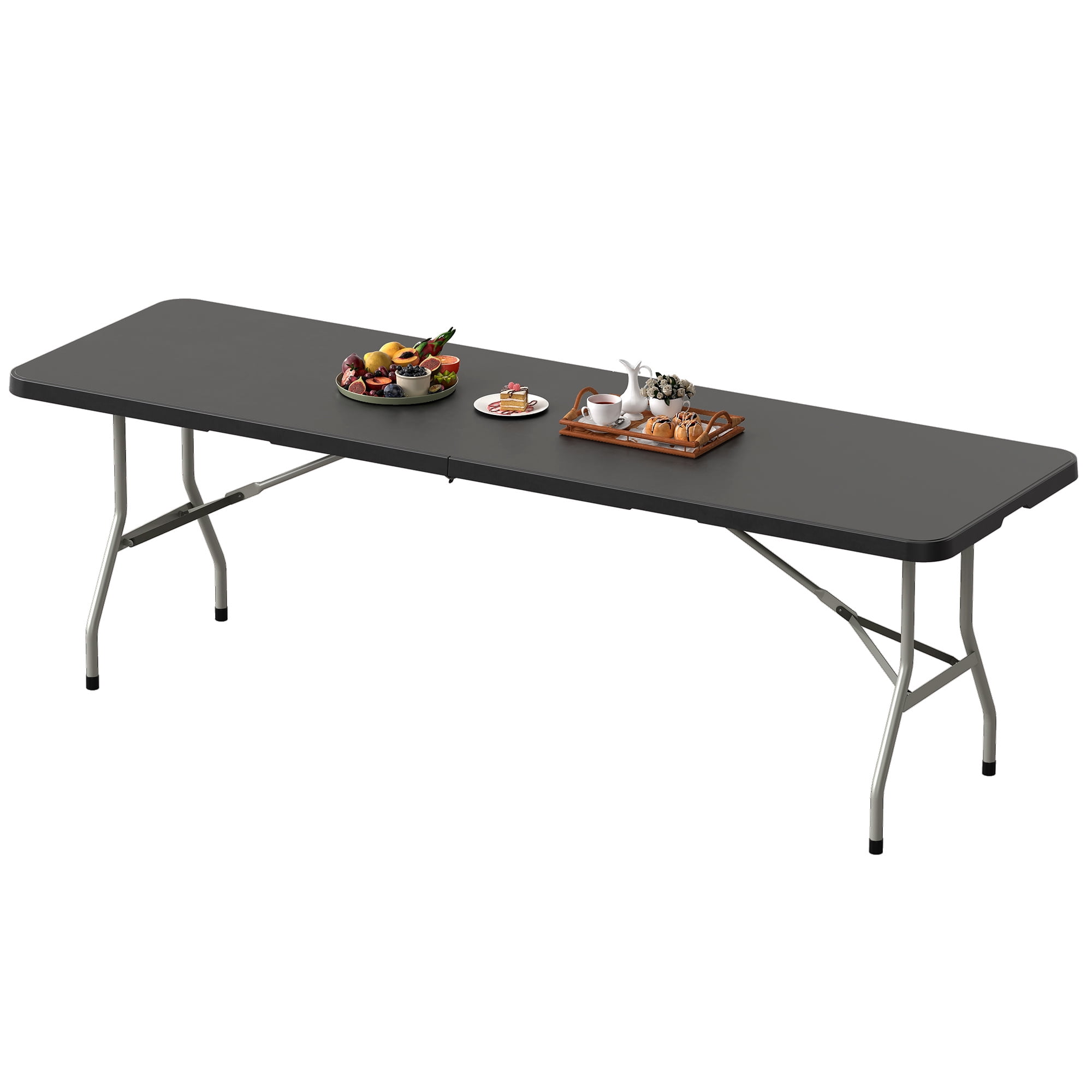 Uforic 8ft Folding Table, Heavy Duty Half-Fold Plastic Table with Carry Handle, Portable Foldable Table for Camping, Picnic, Party, Indoor and Outdoor Events, Black