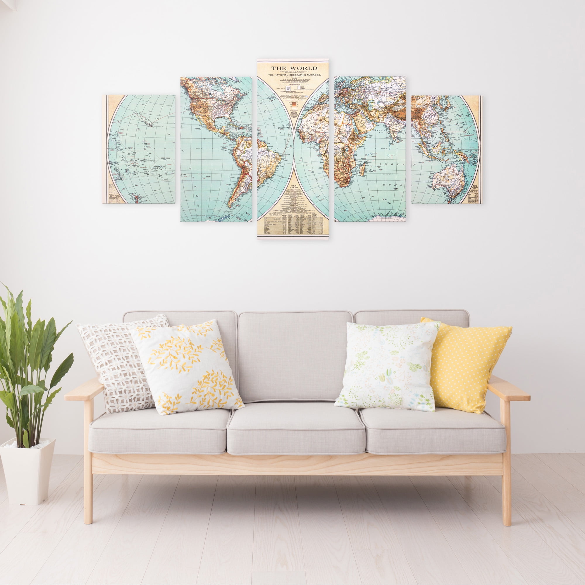 Large Vintage World Map 5 Panel Canvas Set Wall Art Walmart Com Walmart Com