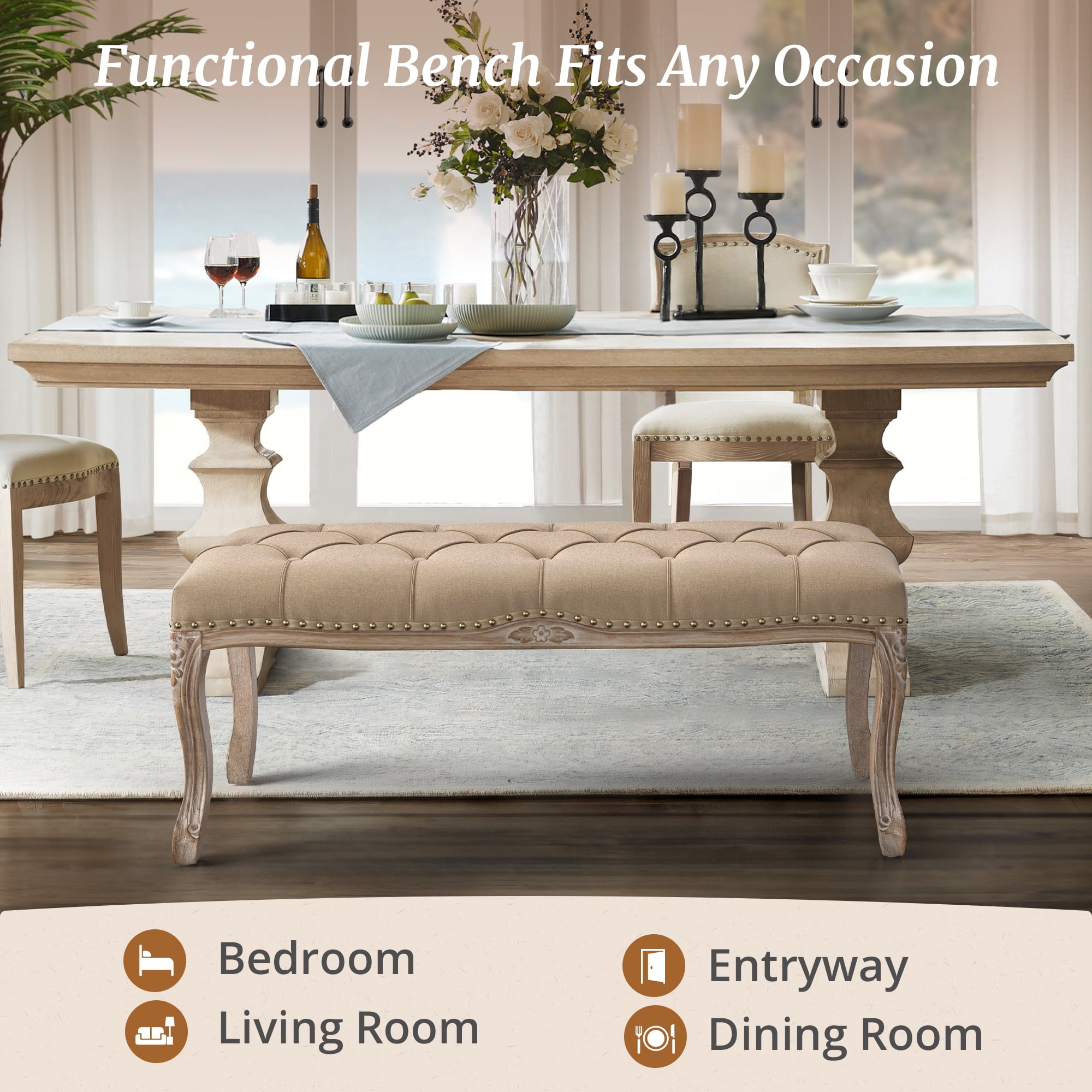 Dycanpo 45.2'' Bedroom Bench Seat Wheat Linen, French Upholstered Ottoman Bench