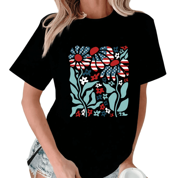 Giffimy Women's USA Flag Sunflower Patriotic Graphic Short Sleeve T-Shirt Black S-5XL Relaxed Fit Cotton Top