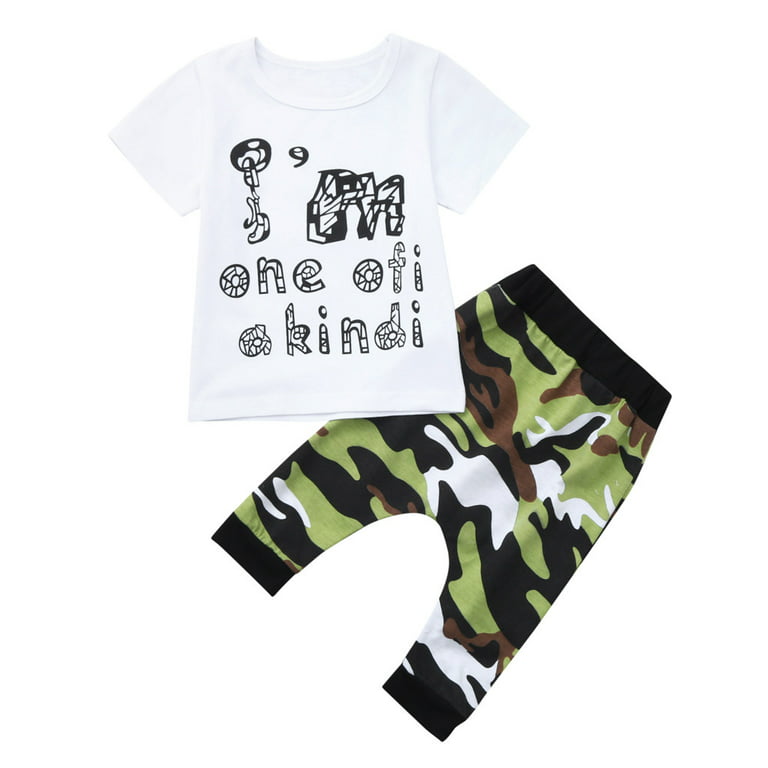 xkwyshop Toddler Kids Boys 2Pcs Outfit Letter Print Round Neck Short Sleeve  T-Shirt Camouflage Shorts Summer Set 