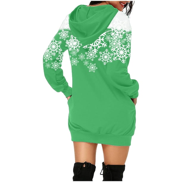 WILLBEST Sudaderas para Mujer, Vestido de Navidad, Vestido de Noche para Mujer, Sudadera Navideña de Moda con Capucha y Bolsillo Tipo Bolso, Sudadera Estampada, Falda de Moda Mediana