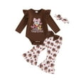 thumbnail image 2 of Elippeo Baby Girl Thanksgiving Outfit, Turkey Print Long Sleeve Romper Flare Pants Bow Headband 3 Piece Set for Fall, 2 of 9