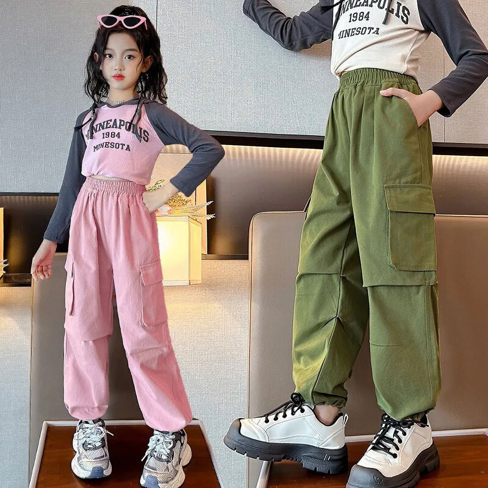 Korean New Teenage Girls Cargo Pants Solid Color Kids Pants Casual