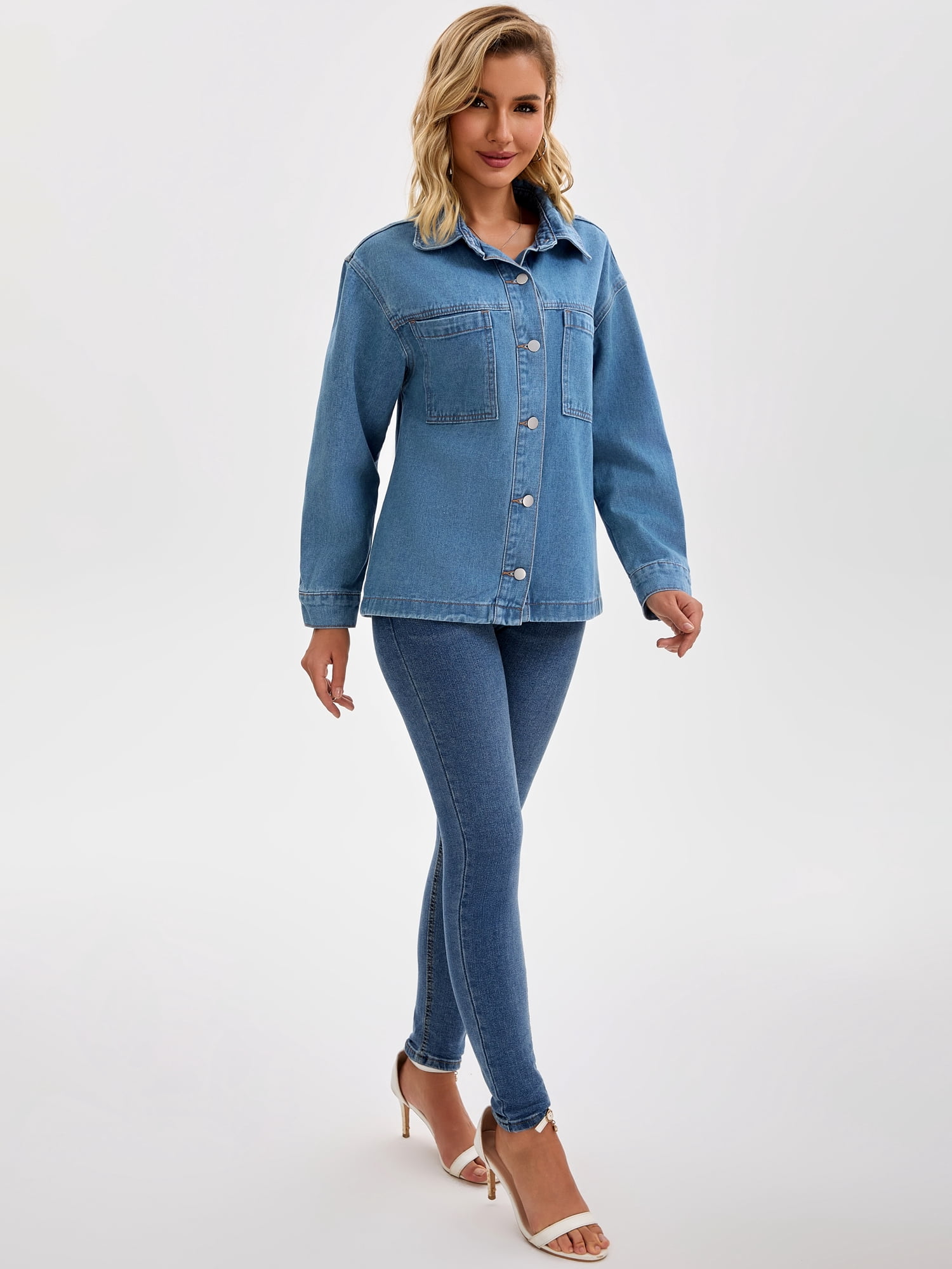 DARING DIVA Women's Oversized Patch Pocket Fall Utility Jean Jackets M Blue