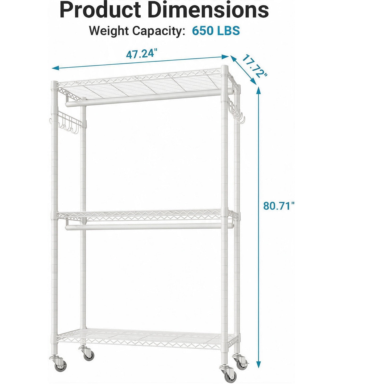 Sailvan 640LBS Heavy Duty Rolling Clothes Rack, 47" Garment Rack with Wheels, Metal Freestanding Portable Closet, 2 Hanging Rods & 3 Shelves,White