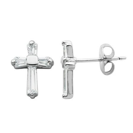 - Baguette-Cut Clear CZ Rhodium-Plated Sterling Silver Cross Stud Earrings