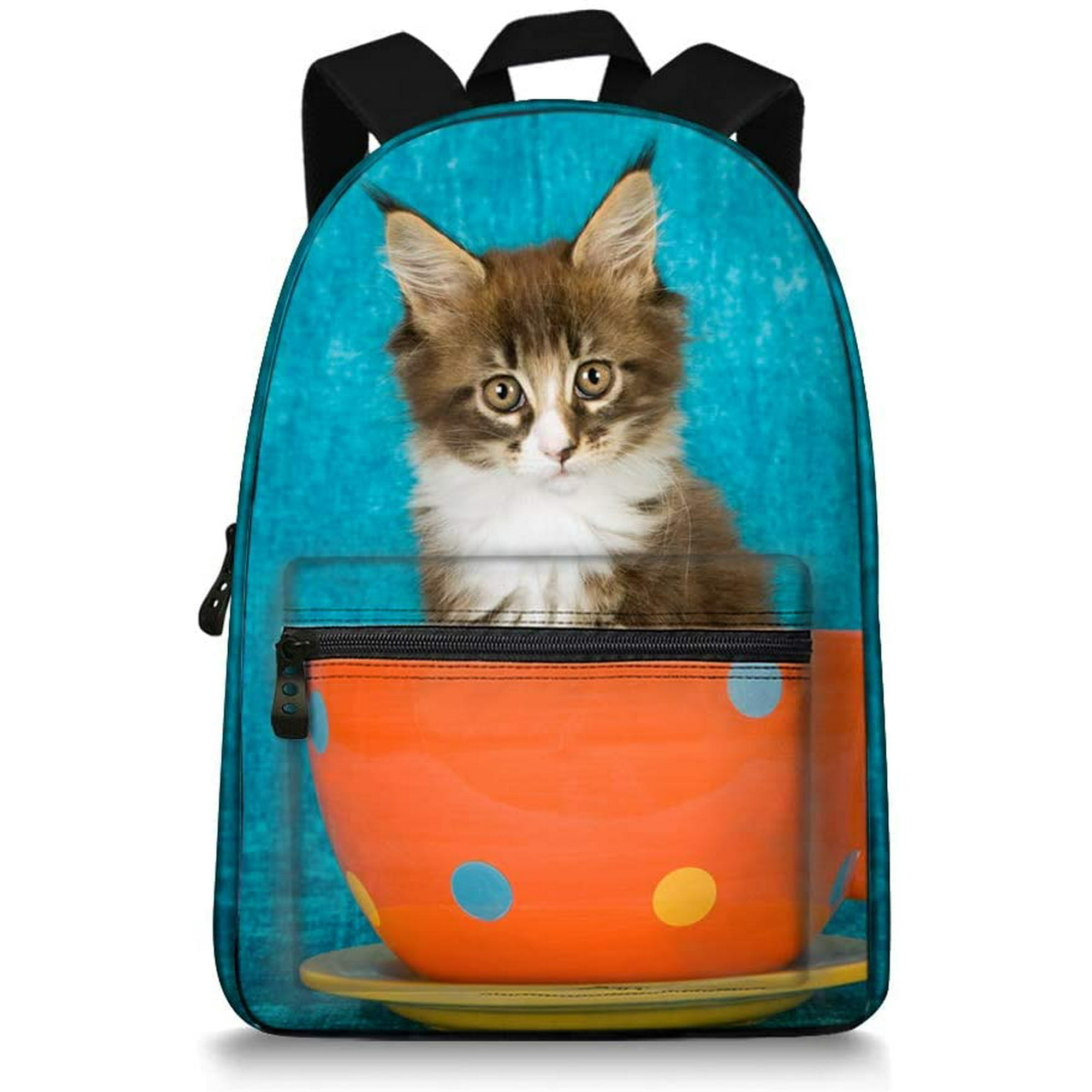 HHHC Cute Cats Backpack for Teen Girls Canvas BookBags for School blue cat