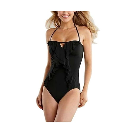 ELLE Strapless Swimsuit Ruffled Bandeau One Piece Black (Best Websites For Women's Swimwear)