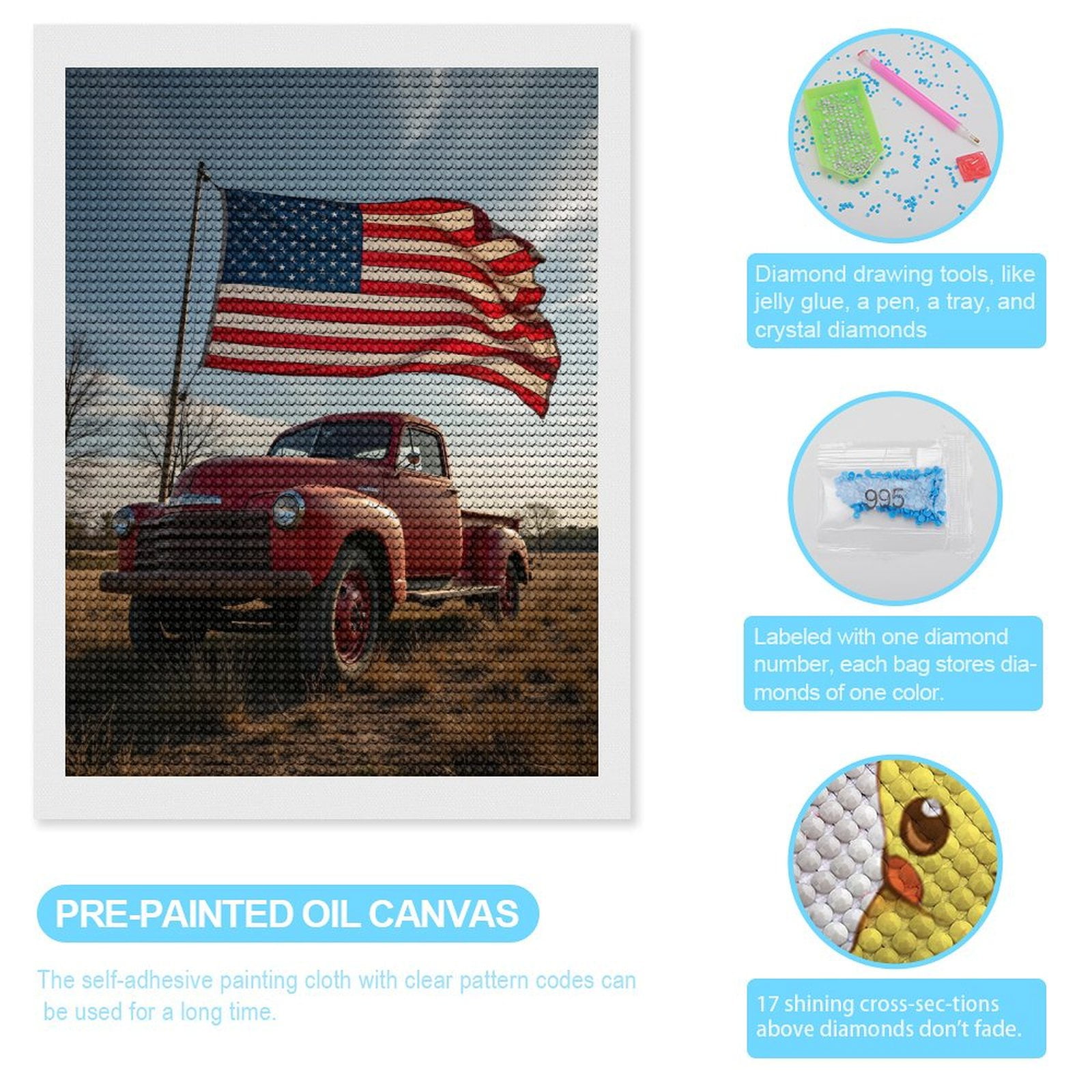 Diamond Art Kits for Adults - Vintage Red Truck American Flag 5d Diamond Painting for Adults, Diamond Art for Adults Beginners, Frameless Diamond Painting Kits for Adults for Home Wall Decor