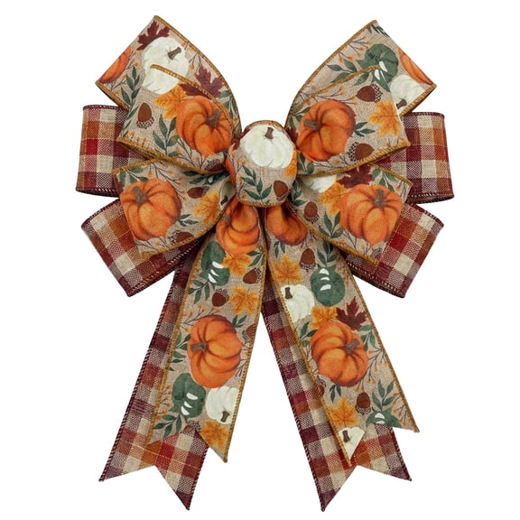 Large Fall Plaid Bow Pumpkin Leaves Bow for Fall Decor - Autumn Thanksgiving Bow for Front Door Indoor Outdoor Wall Decoration Supplies Ornaments