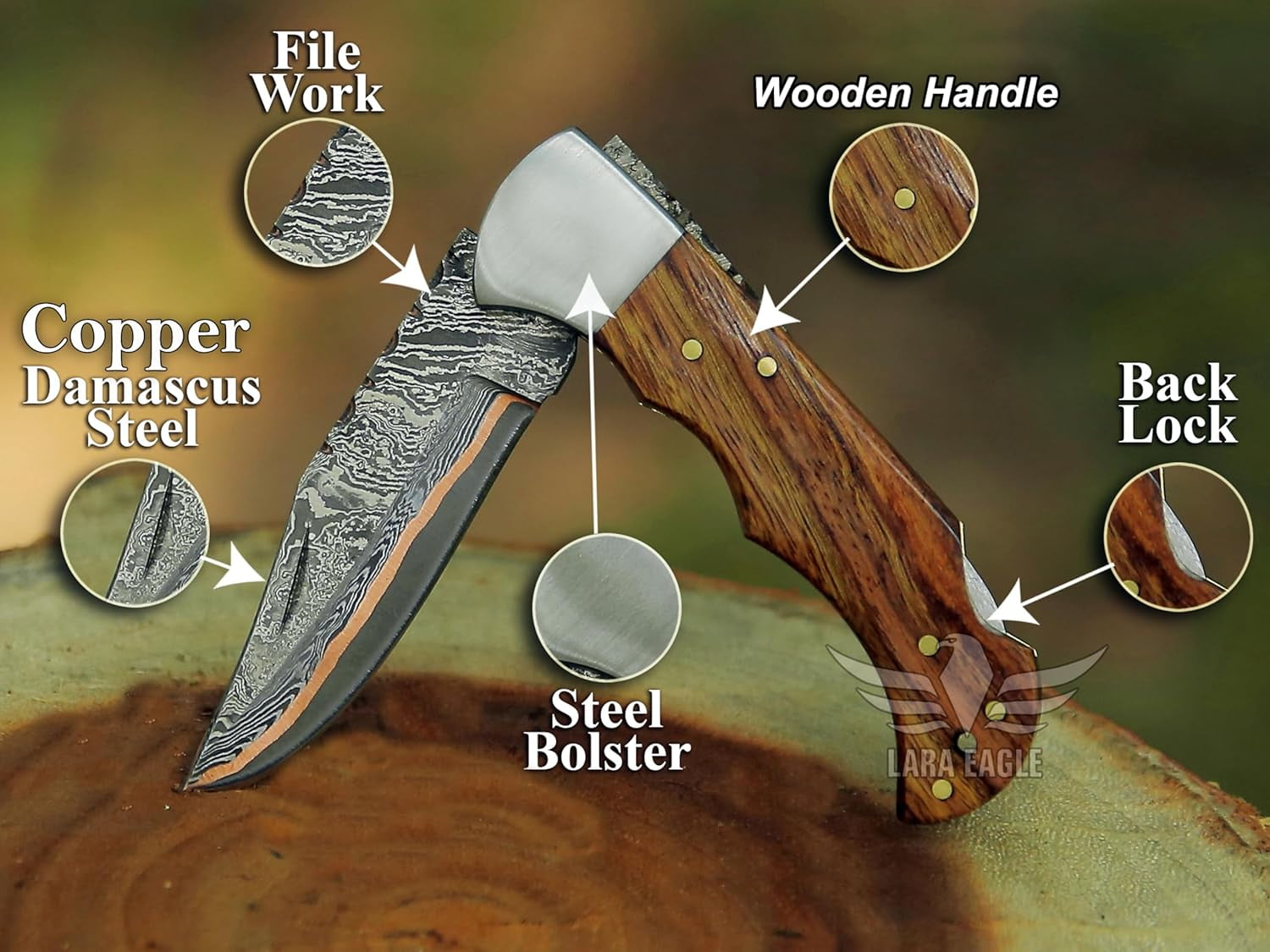 Copper Damascus Pocket Knife – Rose Wood Handle, Folding Hunting Knife with Leather Sheath & Sharpener – Ideal for Tactical, Survival, and Camping Use