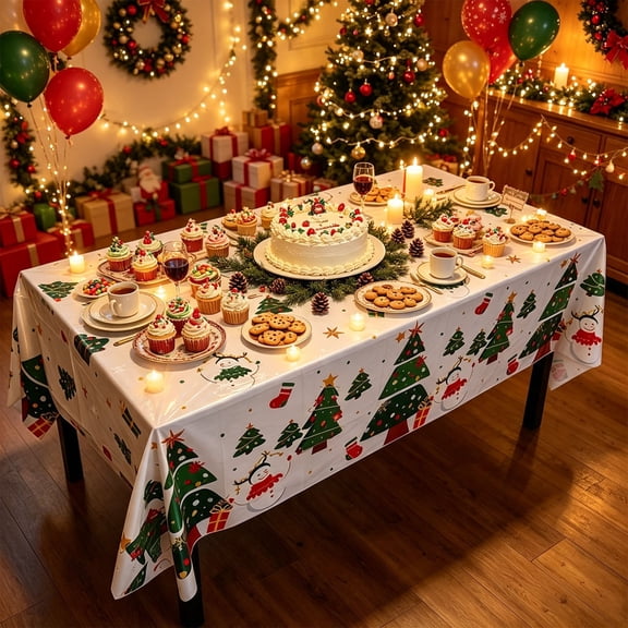 Tyidzon 1 Pc Christmas Tablecloths 54" x 108" Cute Snowman Christmas Tree Disposable Tablecloth Waterproof Rectangular Table Cover for Party Supplies