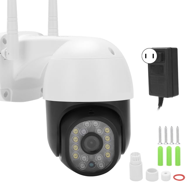cámara para exteriores, cámara ip inalámbrica wifi, cámara inalámbrica, cámara wi fi probada y confiable domo PTZ frontal blanco y negro con antenas WiFi, lente central rodeada por 8 LEDs infrarrojos y 8 luces blancas, adaptador 100-240 V y kit de montaje (tornillos y tarugos). IP66, HD 1920 x 1080p, sensor CMOS 1/3" 1MP, compatible con app Camhi para iPhone y Android; apta para vigilancia de entradas o garajes.
