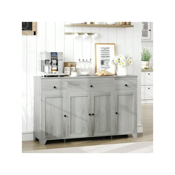 Grey 55"55inch Large Sideboard Buffet, Farmhouse Coffee Bar Cupboard Buffet Cabinet Storage With Adjustable Shelves And 2 Drawers For Kitchen Dining Living Room