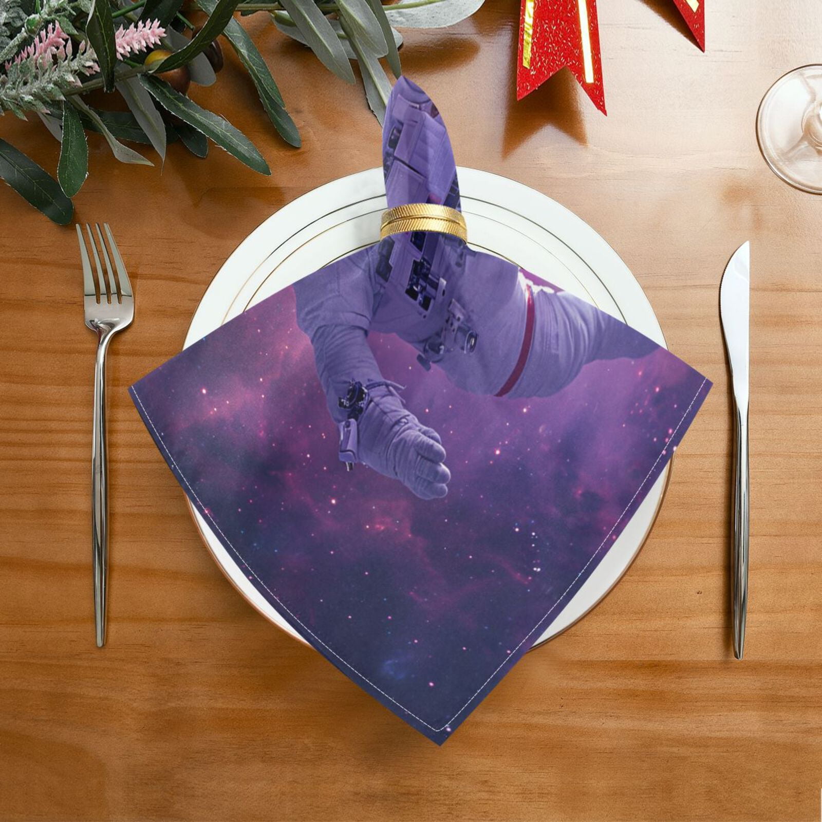 JSTEL Astronaut Cat Funny Cloth Napkins Set of 6, 20x20 Inch Washable and Reusable Napkin for Decoupage Dinner Party Everyday Use