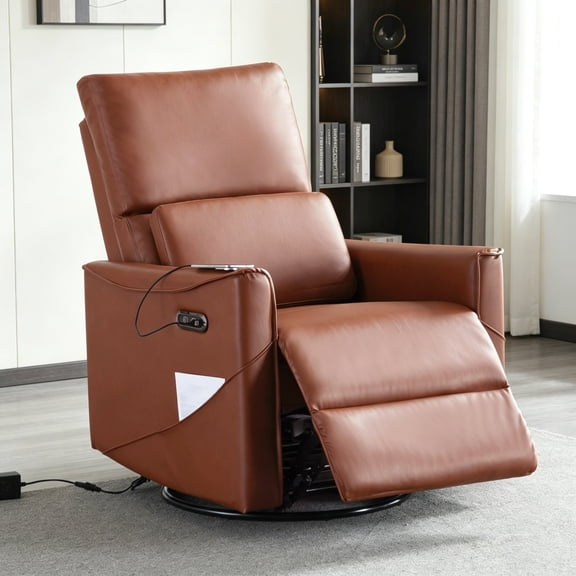 Gewnee 29.13"Power Rocking Recliner Chair,360°Swivel Recliner Chair with USB & Type-C Ports,Adjustable Reclining Positions,PU Single Recliners for Living Room,Office,Bedroom.Brown