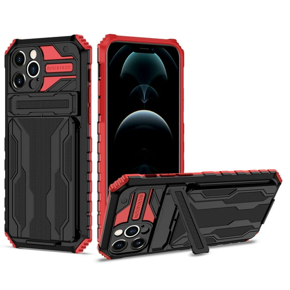 K-Lion for iPhone 11 Pro Max Armor Case, Heavy Duty Rugged PC Card Slot Hidden Kickstand Bracket Lens Protection Military Grade Dual-Layers Shockproof Anti-Scratch Non-Slip Case, Red