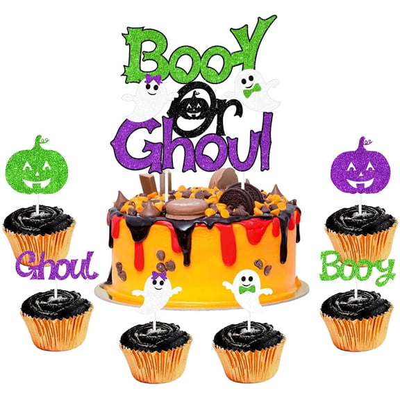 Halloween Booy or Ghoul Cake & Cupcake Toppers for Halloween Gender Reveal Decorations Purple Green and Black for Boy or Girl Baby Shower