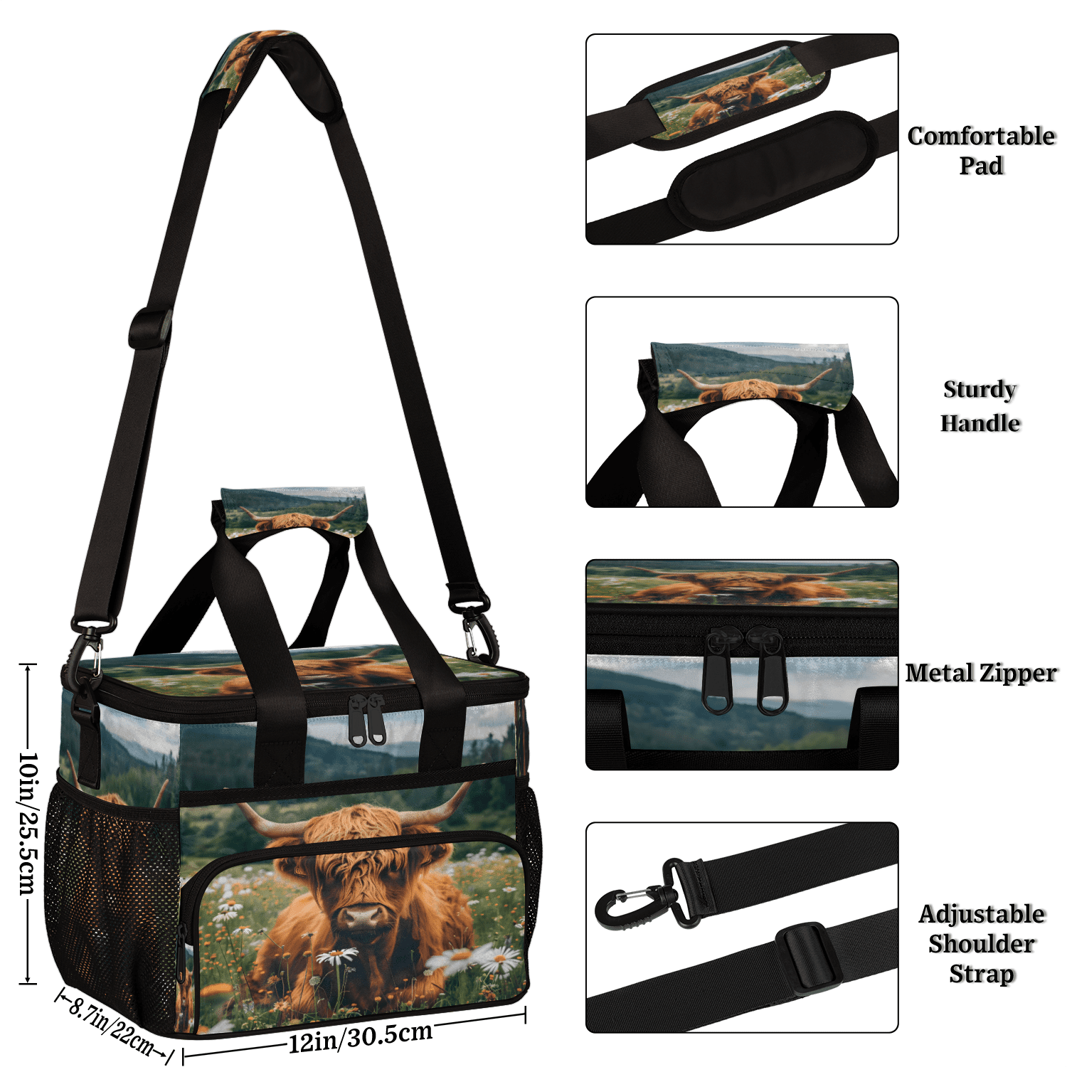 Herdesigns Highland Cow Spring Floral Large Lunch Box for Adults Women Men with Adjustable Shoulder Strap, Insulated Reusable Lunch Bag Leakproof Cooler Tote Bag