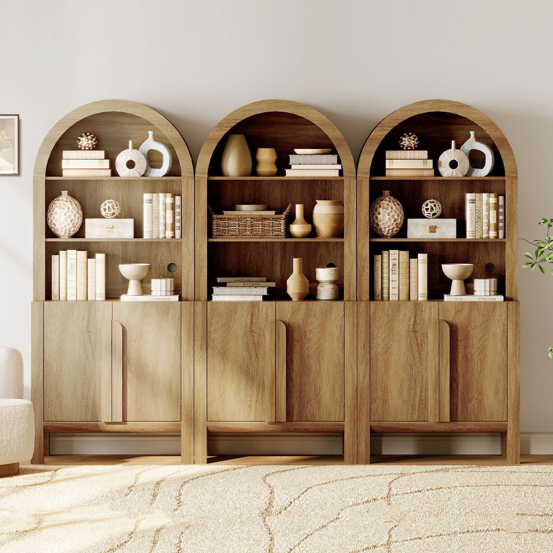 71"H X 94.5"W Arched Bookshelf, Modern 5 Tier Bookcase with 3 Cabinet, Wooden Large Display Cabinet with Doors and Adjustable Shelves, Versatile Bookshelf for Living Room, Study, Office