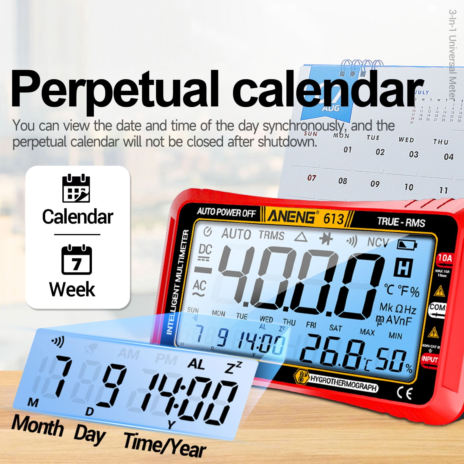 3 in 1 Smart Multimeter Perpetual Calendar Temperature Hygrometer 4000 Counts Digital AC/DC Curent Voltage Resistance Capacitor Tester Professional Test Tools