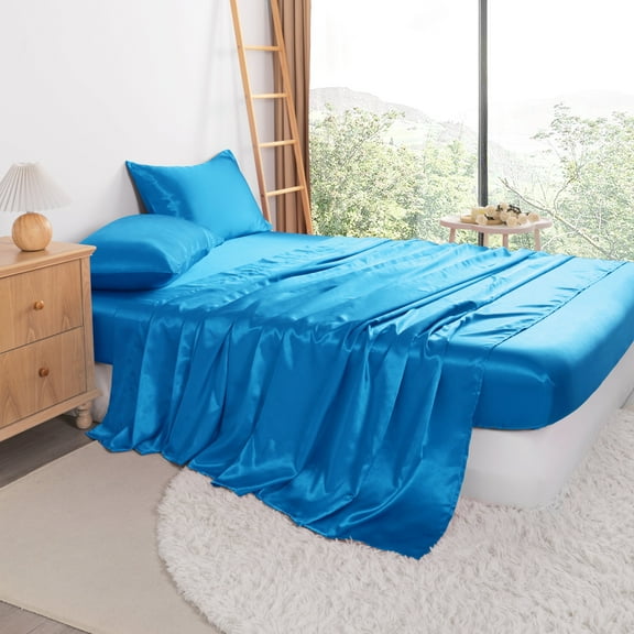 Ntbay 4 Pieces Silky Satin California King Cooling Soft Bed Sheet Set, Includes 1 Flat Top Sheet, 1 Fitted Sheet with Deep Pocket, 2 Envelope Pillowcase, Royal Blue