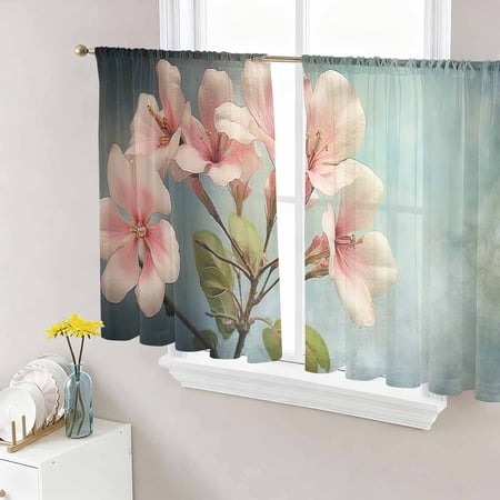 Flower Watercolor Semi Sheer Curtains 54 Inch Length 2 Panels Set Vintage Gradual Teal Botanical Sheer Kitchen Curtain Privacy Voile Window Curtain for Living Room Bedroom Rod Pocket Drapes