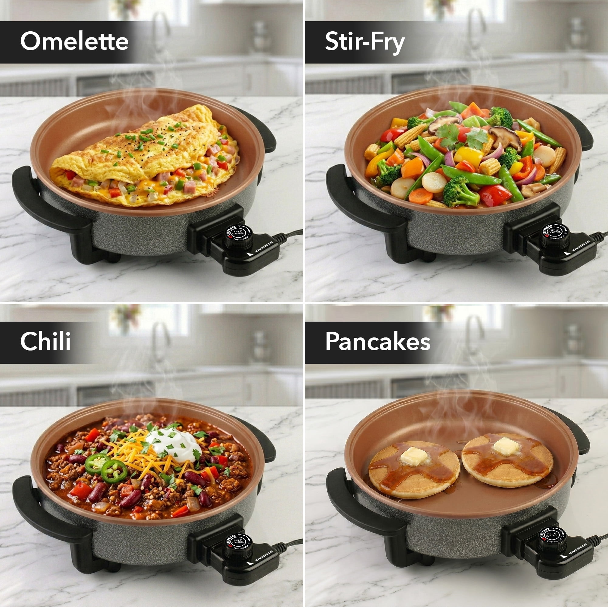 OVENTE 11.5-Inch Electric Skillet, 1400W Nonstick Pan, Copper SK11112CO | Adjustable Temperature Control, Tempered Glass Lid with Steam Vent, Cool-Touch Handles, Easy to Clean Design