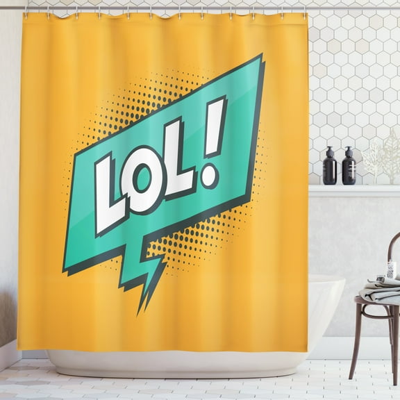 LOL Shower Curtain, Retro Styled Text with Speech Bubble Halftone Dots Illustration, Fabric Bathroom Set with Hooks, 69W X 70L Inches, Orange Sea Green White Dark Teal, by Ambesonne