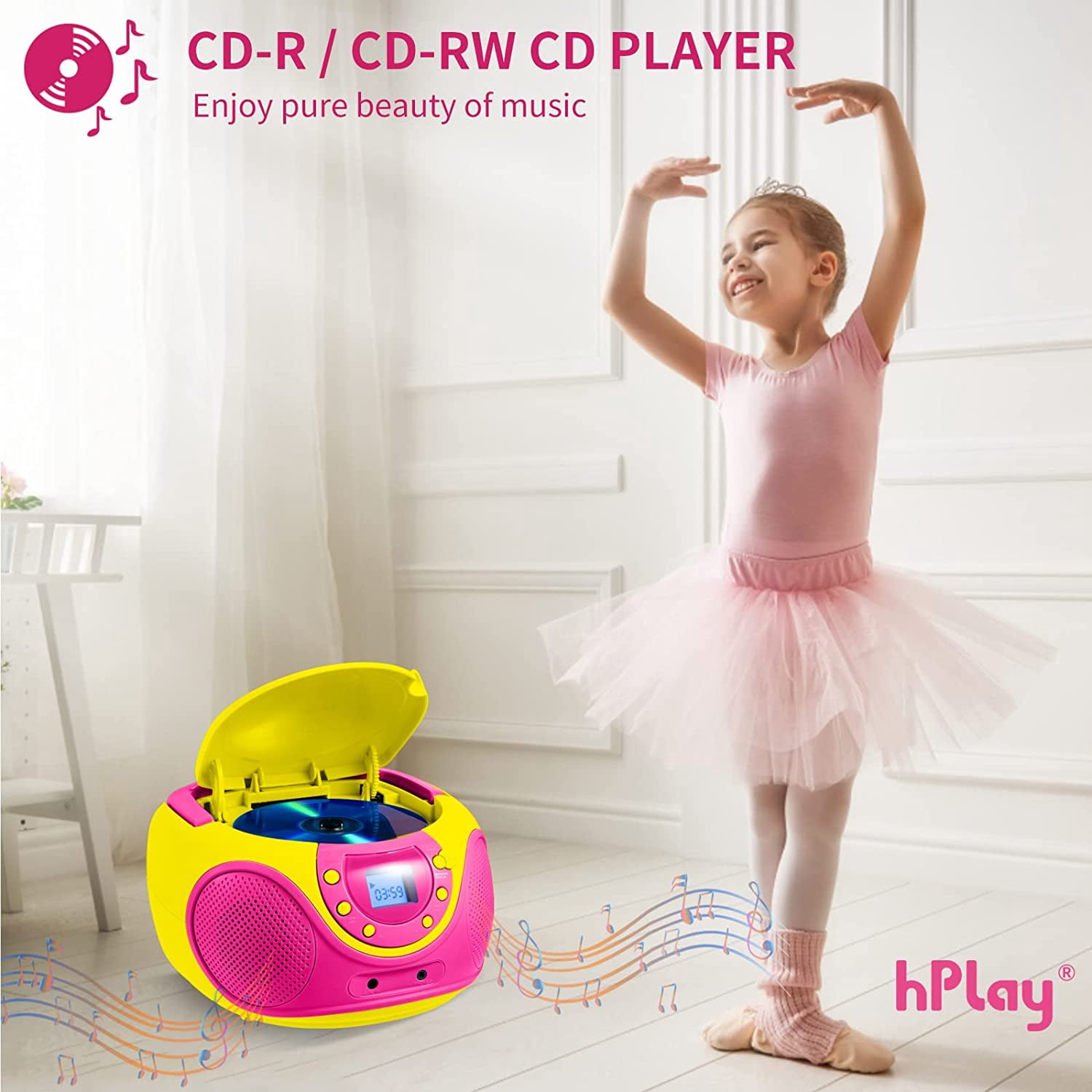 hPlay P16 Portable CD Player Boombox AM FM Digital Tuning Radio, Aux Line-in, Headphone Jack (Pink)