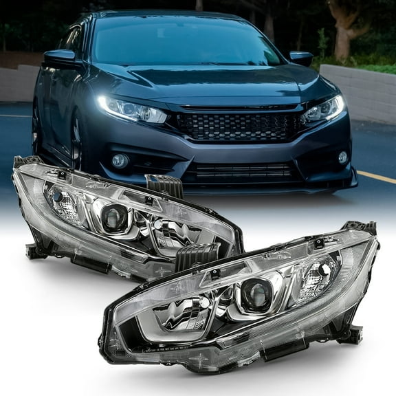 AKKON - Fits 2016-2021 Honda Civic EX/ EX-T/ LX/ EX-L/ LX-P/ DX [Halogen Type] Tube Projector Headlight Left Right Pair