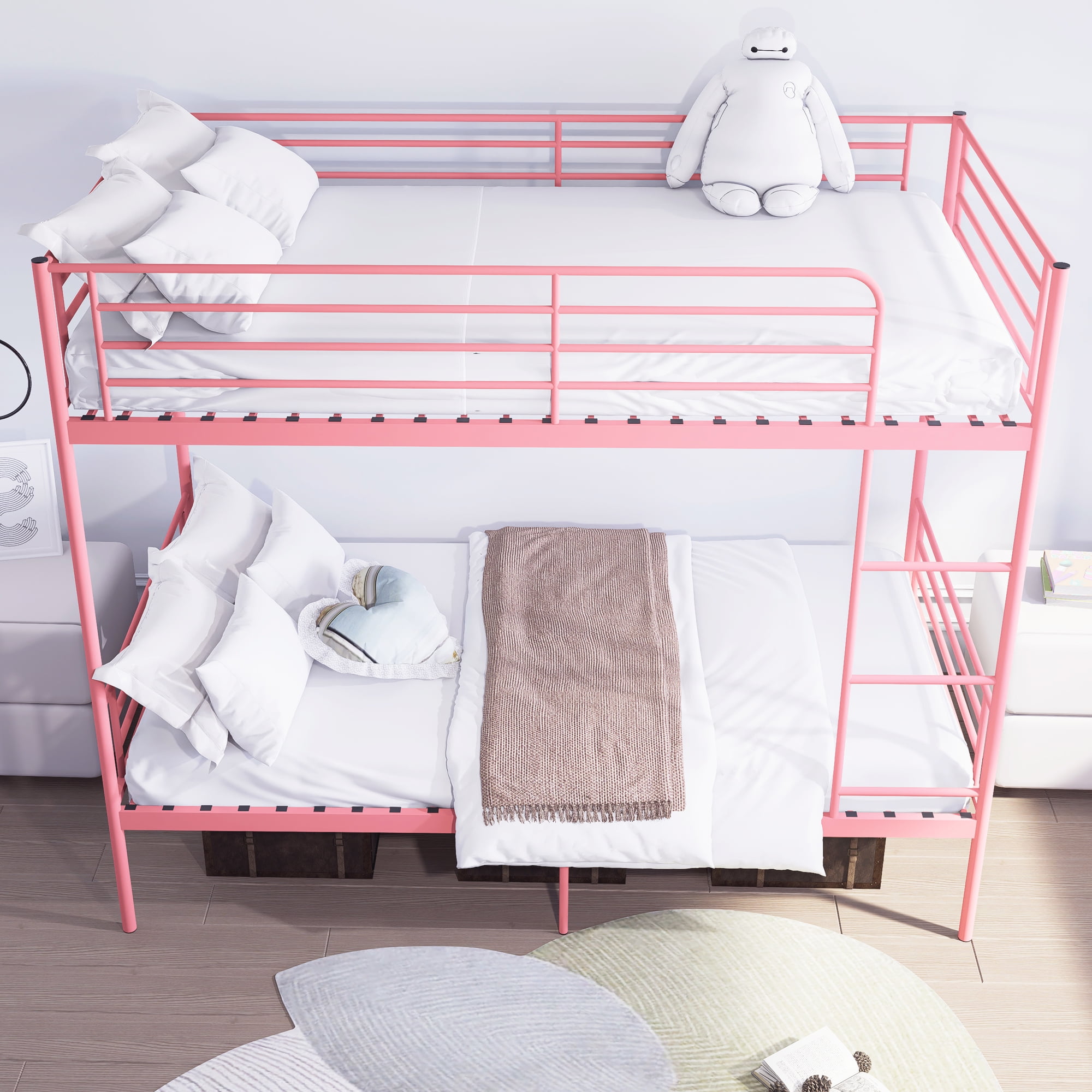 Aisword Twin Over Twin Bunk Bed,Metal Bunk Bed with Built-in Ladder & High Guardrails,Convertible 2 Twin Beds,No Box Spring Needed,Noise-Free,Pink