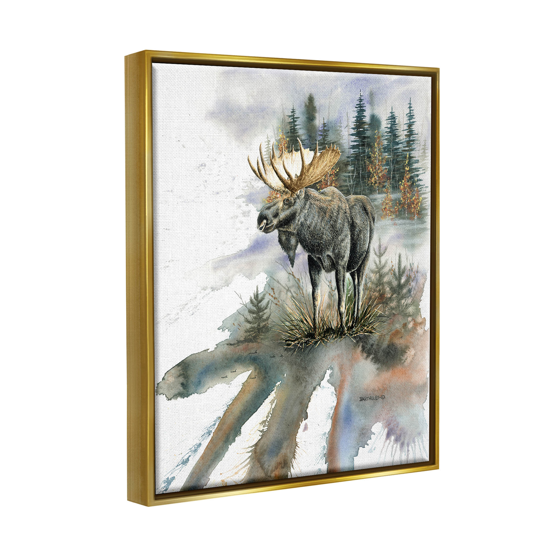 Moose Distant Forest Arrangement Animals & Insects Graphic Art Metallic Gold Framed Art Print Wall Art