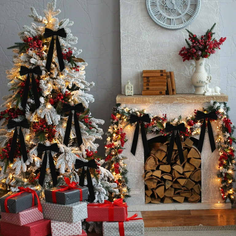 pathside Velvet Bows for Christmas Tree, Small Cute Velvet Christmas Bow, Vintage Velvet Ribbon Bows for Christmas Tree Bows Xmas Home Outdoor Indoor Decoration (Black)