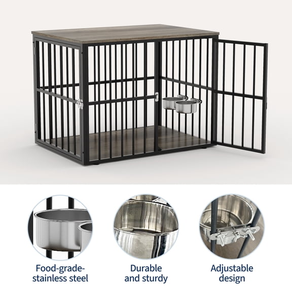 Heavy Duty Wooden Dog Crate Furniture – 43'' Double Doors, Chew-Proof Indoor Kennel End Table, Adjustable Food Bowls, Decorative Pet Enclosure