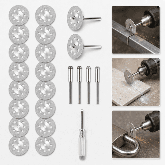 Ustris 20 pcs 545 Diamond Cutting Wheel Cut Off Discs Coated (22mm) for Dremel Rotary Tool with 402 Mandrel (3mm) 4pcs and Screwdriver for Rotary Tool Accessories