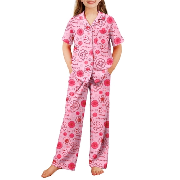 Arshiner Pajamas for Girls Short Sleeve Long Pants Outfit 2 Piece Sleepwear Button Pjs Sets