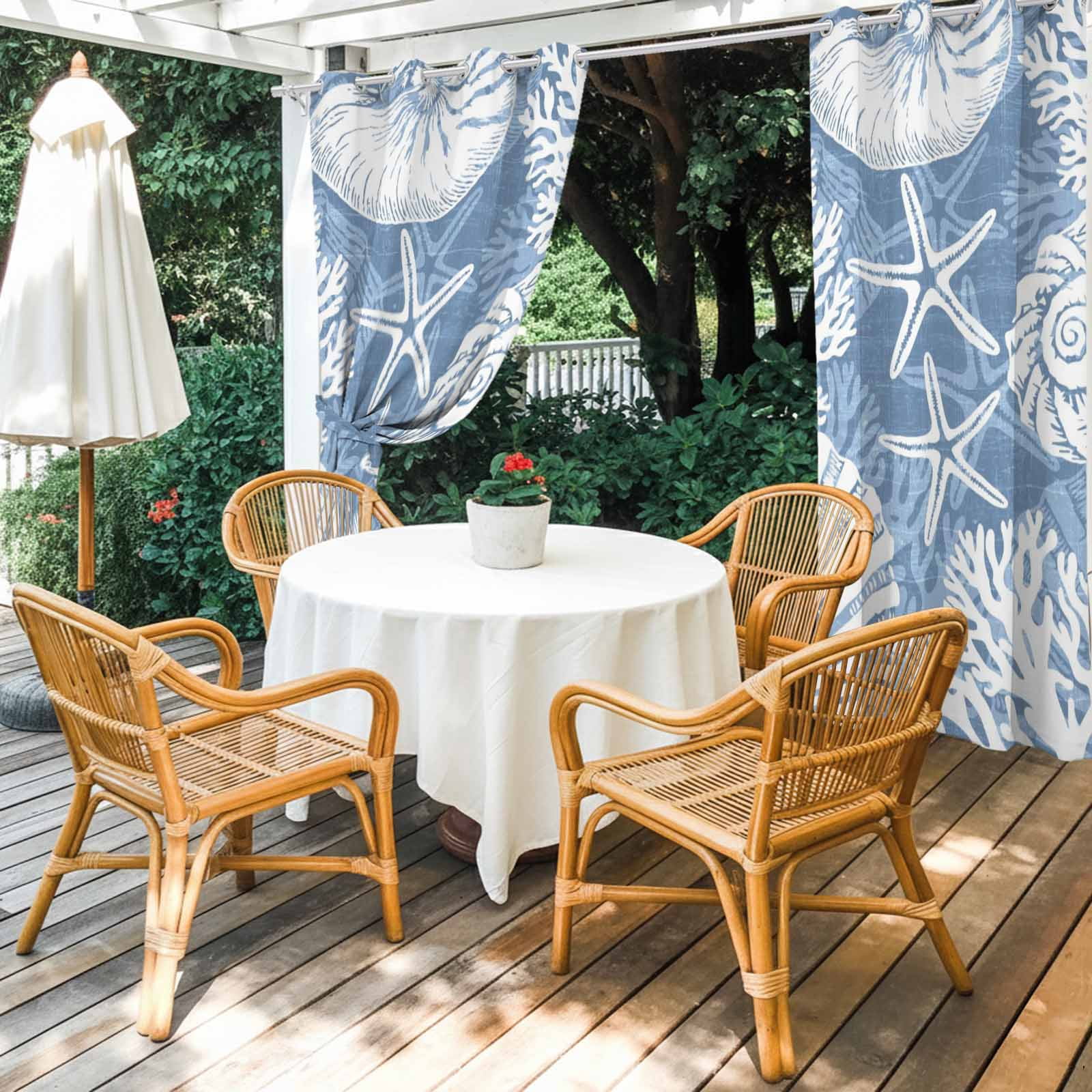 Blue Ocean Life Outdoor Curtains for Patio, Coastal Starfish Nautical Shell Conch Coral Sunshade Privacy Drapes Grommet Waterproof Outside Curtains for Porch/Cabana/Balcony 54"x 108", 1 Panel