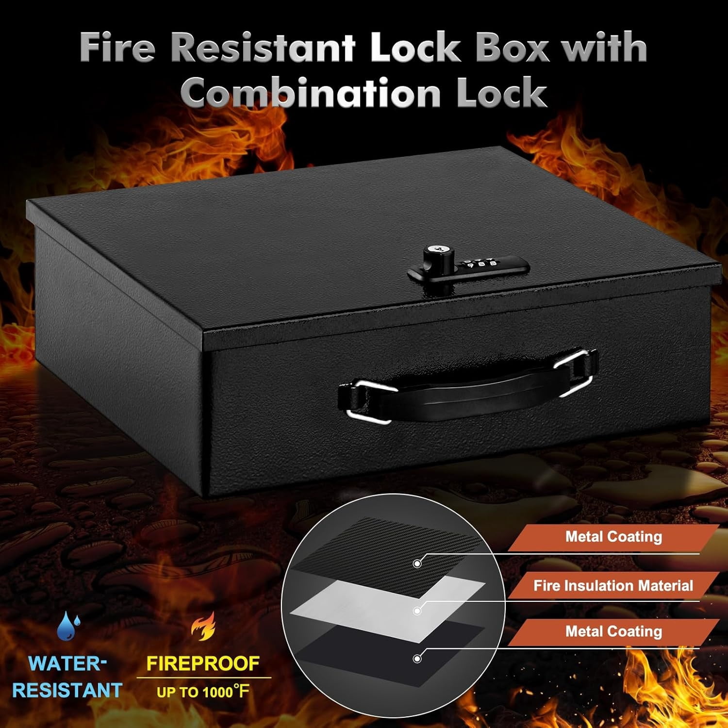 Fireproof Lock Box for Documents, Dual Combination and Key Lock Security with Carrying Handle, Metal Strong Safe Box to Keep Personal Items, Documents, Exterior 13.2''x 11''x4.13'', Black