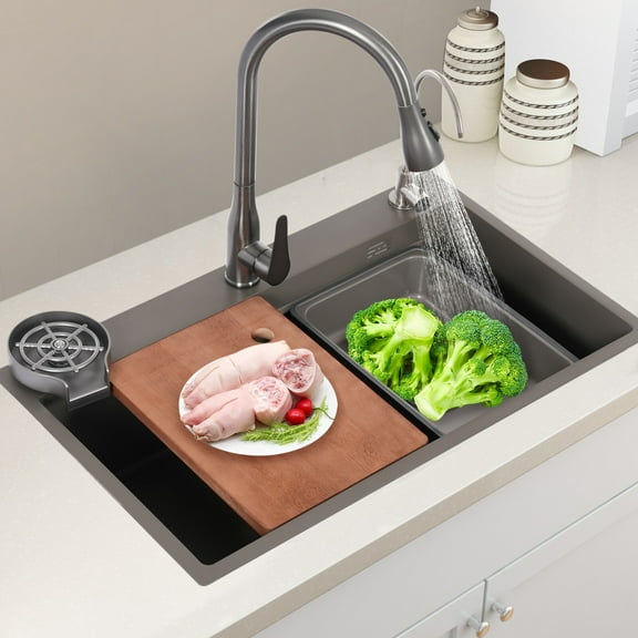 Stainless Steel Built-In Kitchen Sink Multifunctional Sink with Pull Out Faucet 29.53*17.72*8.66in for Homes, Kitchens, Restaurants