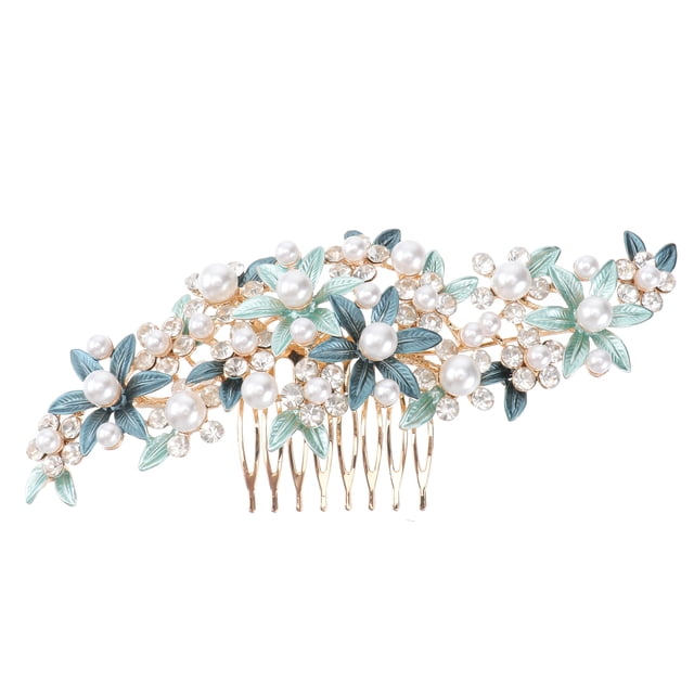 GAXIRE Peineta con forma de flor, horquillas de perlas, tiaras de boda, pinzas para el cabello con diamantes de imitación, tocado elegante, tocado de aleación para mujer, novia, color verde
