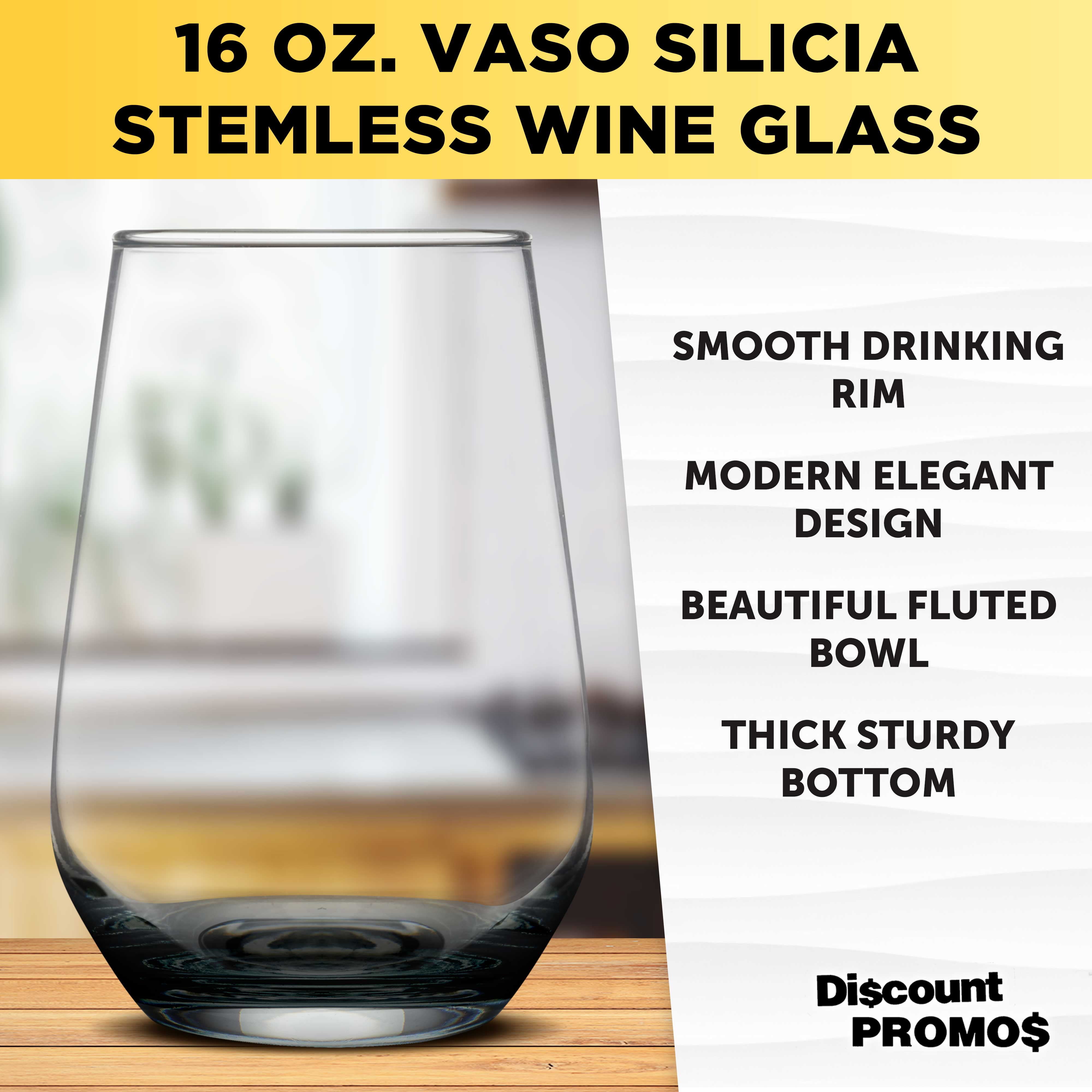 10 Vaso Silicia Stemless Wine Glasses Set, 16 oz. - Clear, Orb-Like, Thick base - Black