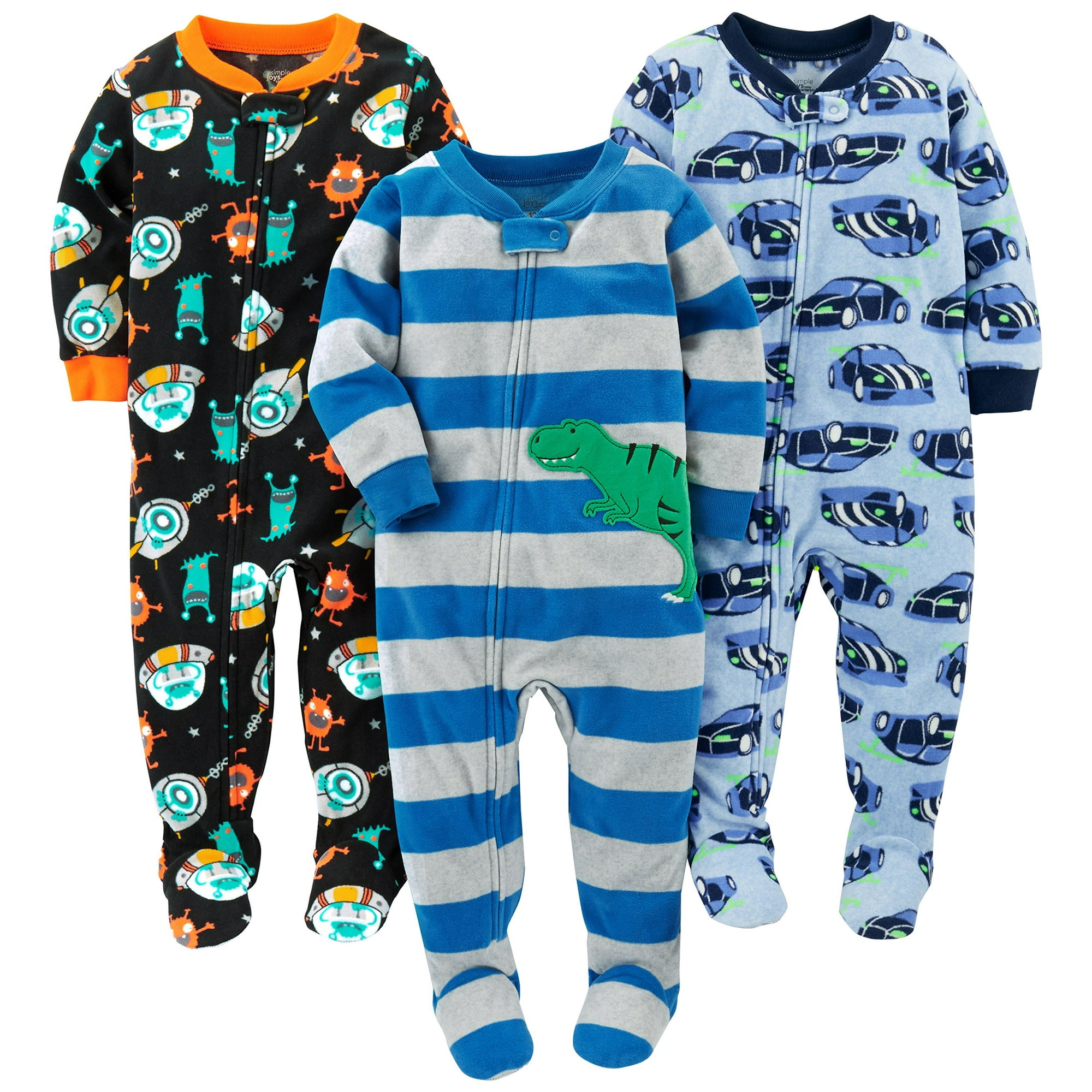 Simple Joys by Carter s Baby Boys Loose Fit Flame Resistant Fleece Footed Pajamas Pack of 3 Cars Space Dinosaur 12 Months