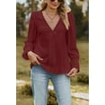 thumbnail image 3 of Lace Trim V Neck Textured Blouse, Burgundy, Medium, 3 of 5