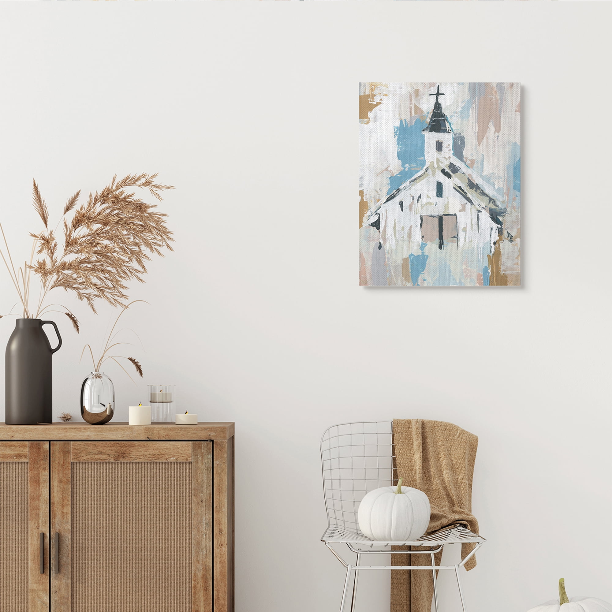 Stupell Industries Distressed Country Church House Abstract Pattern Religious Painting Gallery Wrapped Canvas Art Print Wall Art, 24 x 30
