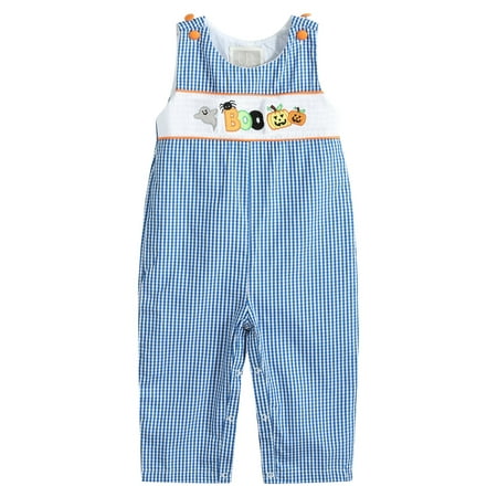 

Lil Cactus Boys Infant and Toddler Blue Gingham Halloween Boo Smocked Overalls